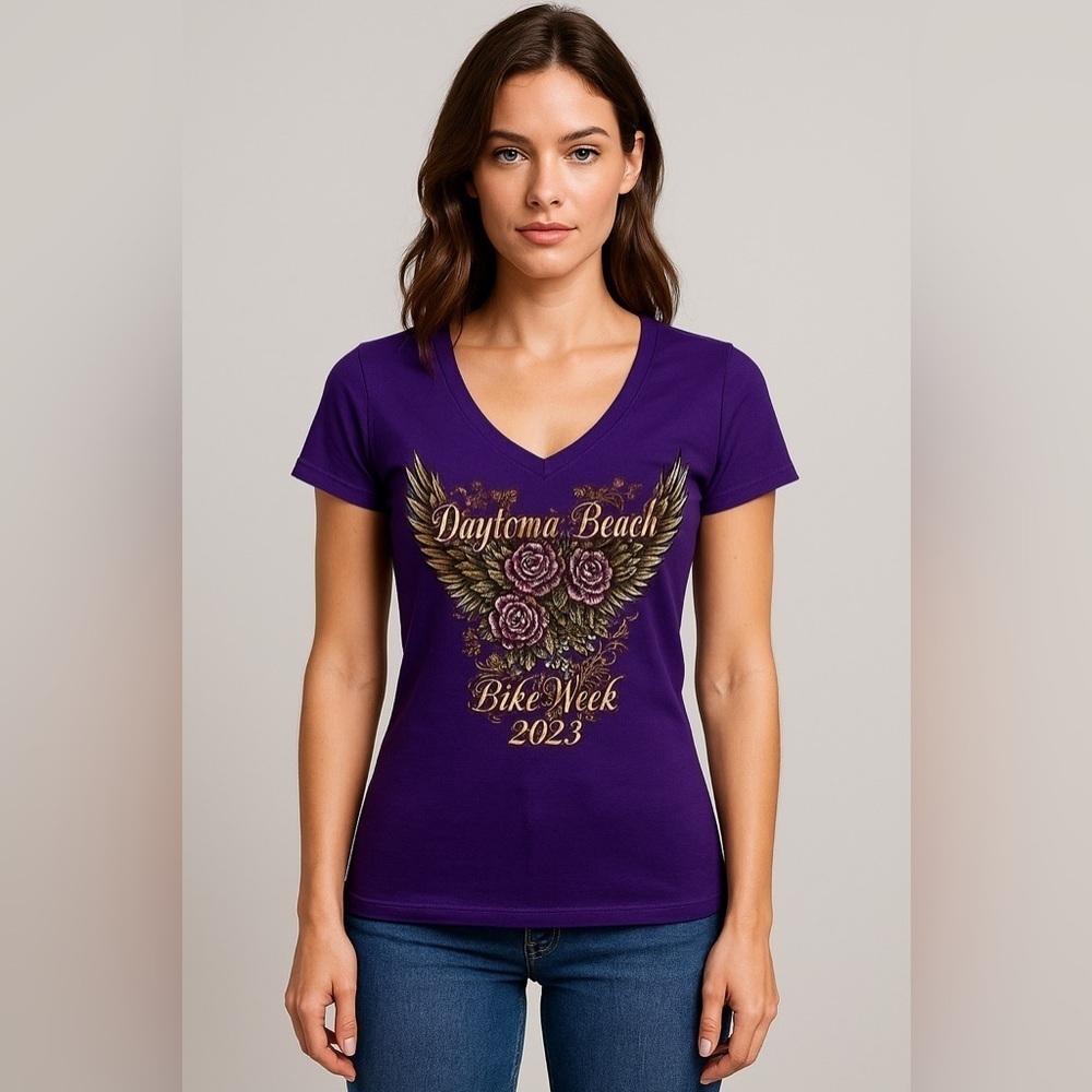 Daytona Beach Bike Week 2023 Purple Graphic Tee Women’s L – Wings Roses Biker